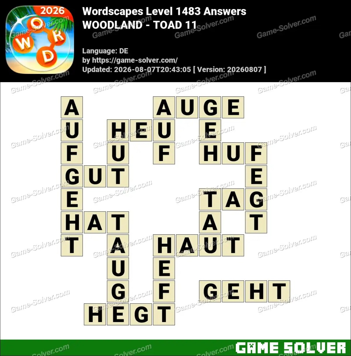 Wordscapes Deutsche Level 1483 Answers — WOODLAND - TOAD 11