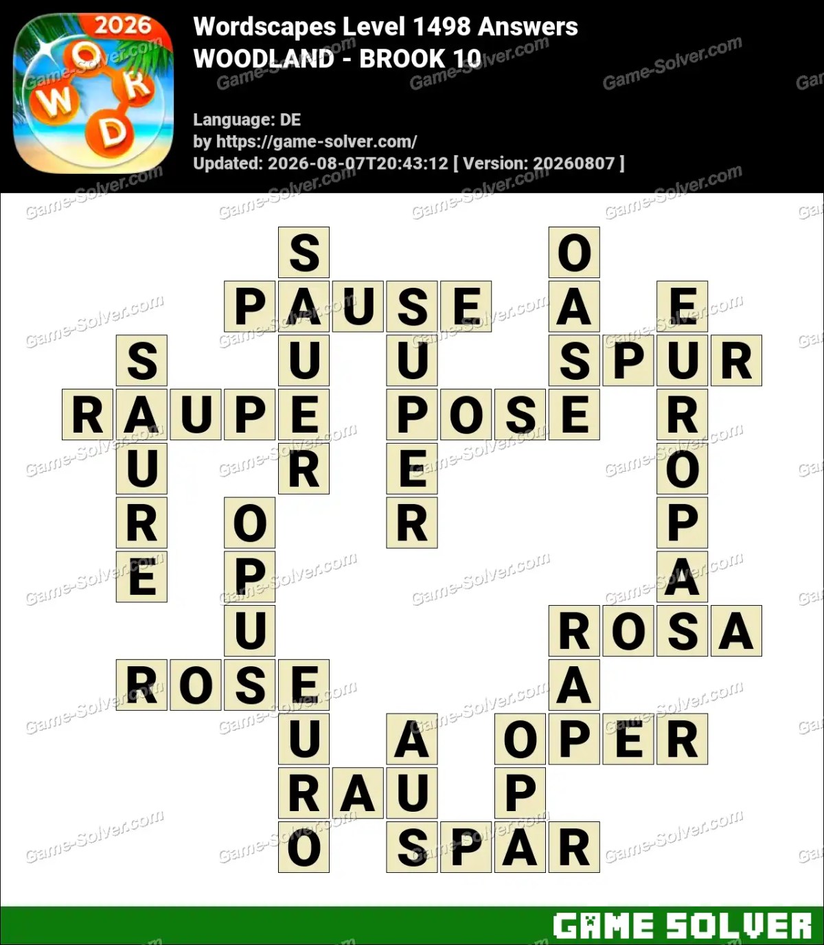 Wordscapes Deutsche Level 1498 Answers — WOODLAND - BROOK 10