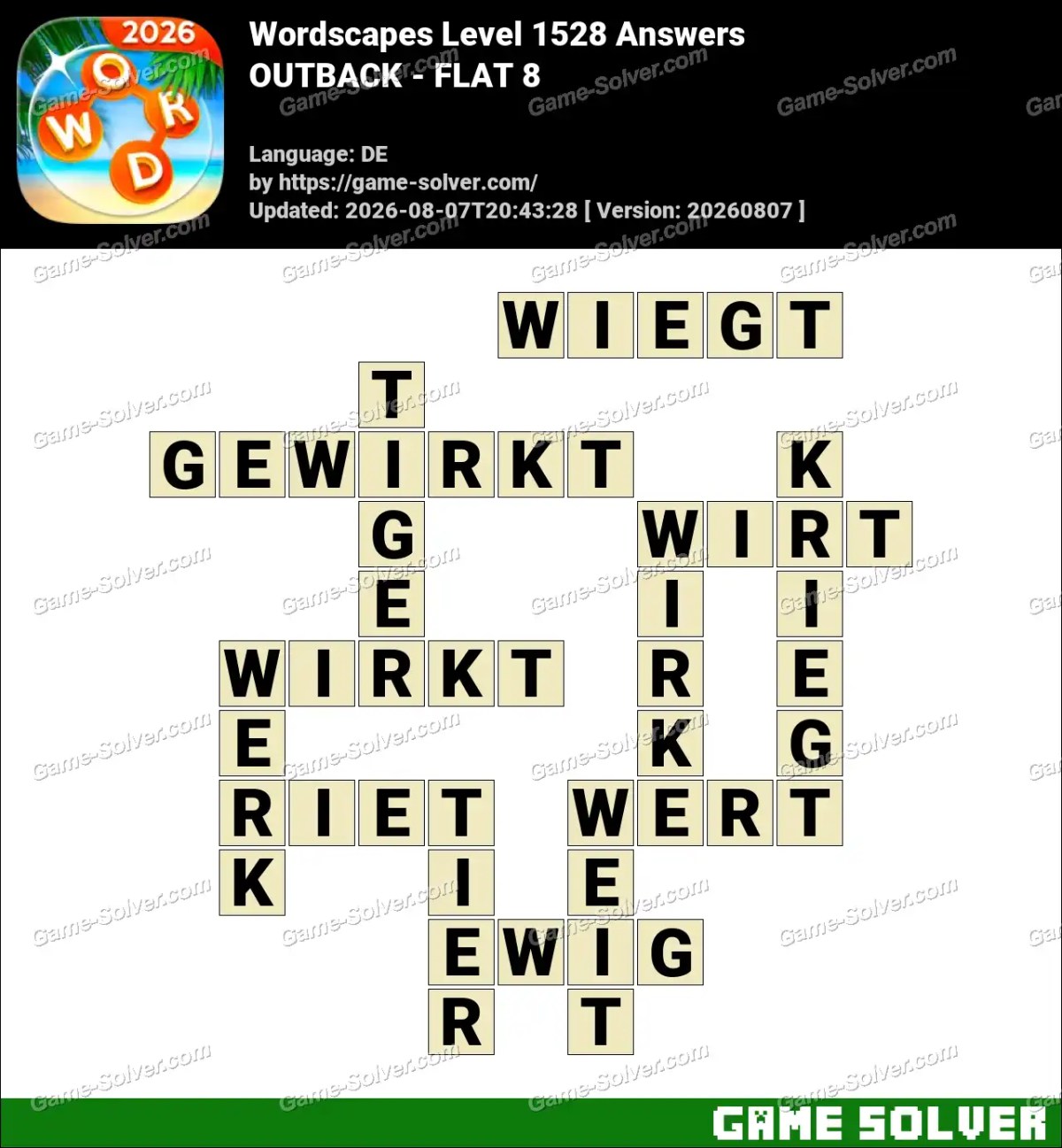 Wordscapes Deutsche Level 1528 Answers — OUTBACK - FLAT 8