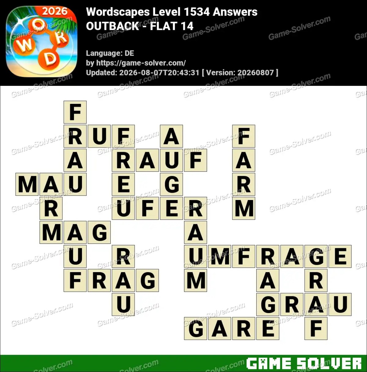 Wordscapes Deutsche Level 1534 Answers — OUTBACK - FLAT 14