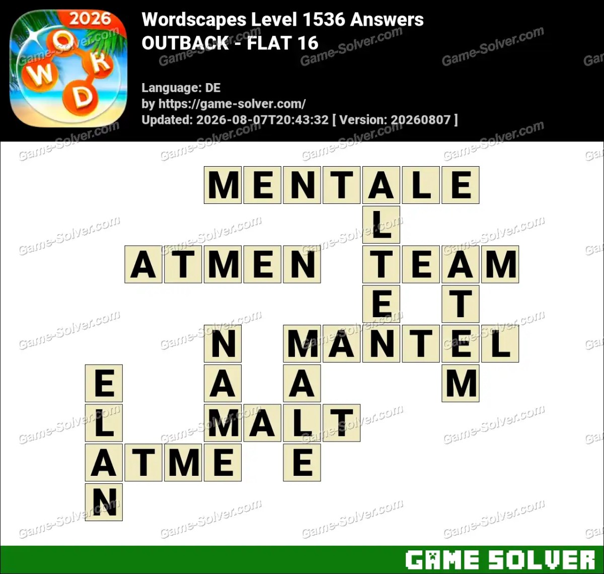 Wordscapes Deutsche Level 1536 Answers — OUTBACK - FLAT 16