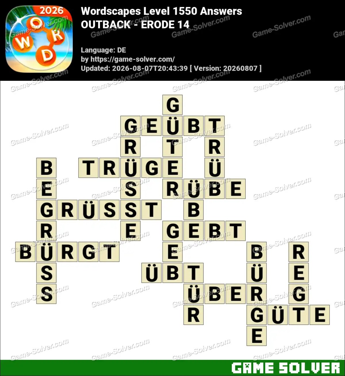 Wordscapes Deutsche Level 1550 Answers — OUTBACK - ERODE 14