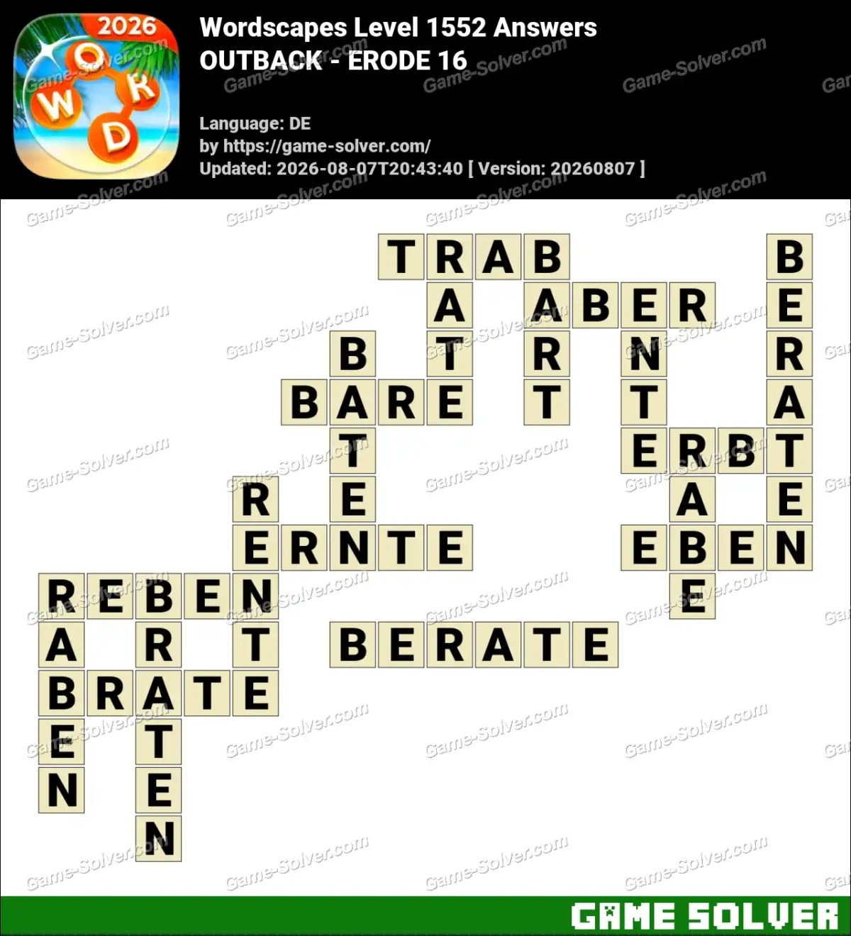 Wordscapes Deutsche Level 1552 Answers — OUTBACK - ERODE 16