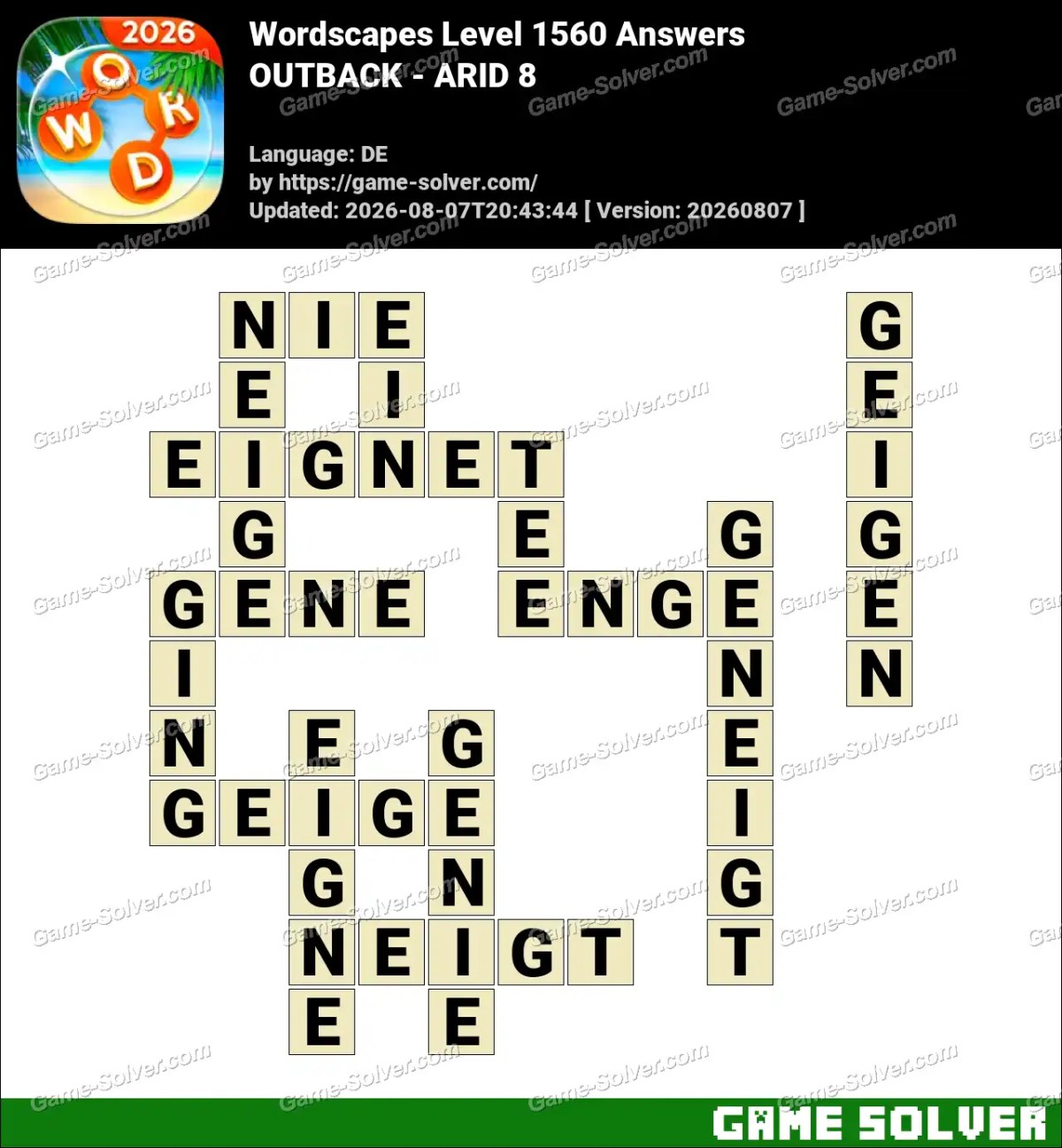Wordscapes Deutsche Level 1560 Answers — OUTBACK - ARID 8