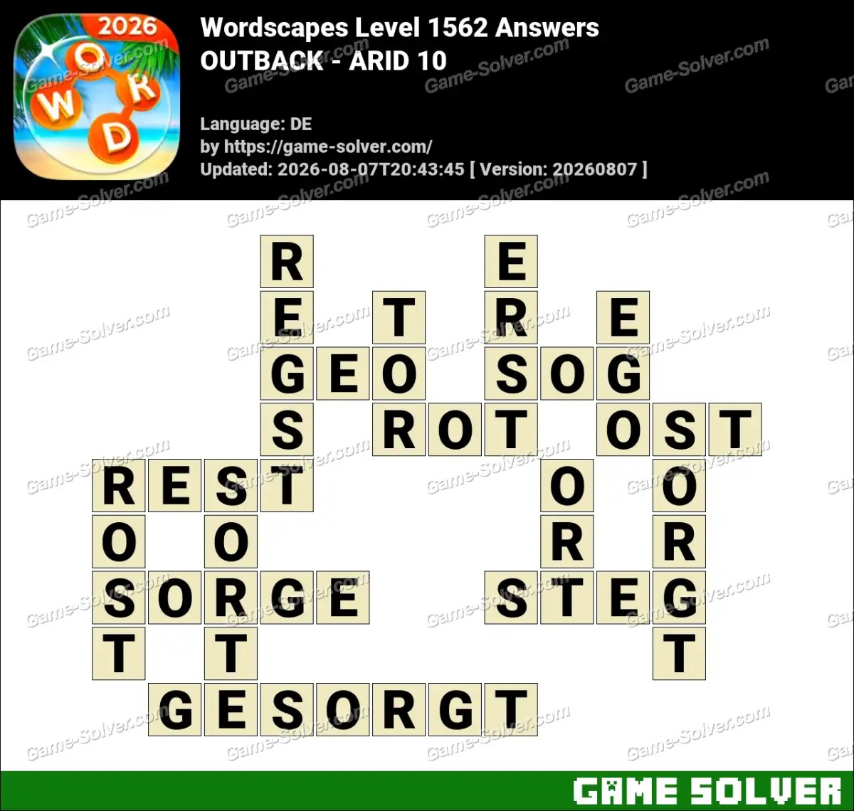 Wordscapes Deutsche Level 1562 Answers — OUTBACK - ARID 10
