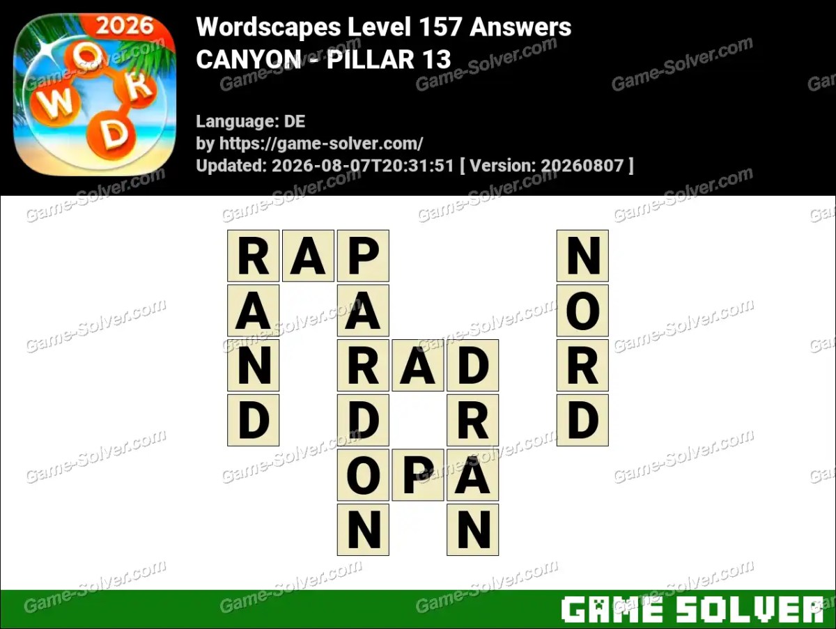 Wordscapes Deutsche Level 157 Answers — CANYON - PILLAR 13 Wordscapes Deutsche Level 157 Answers — CANYON - PILLAR 13