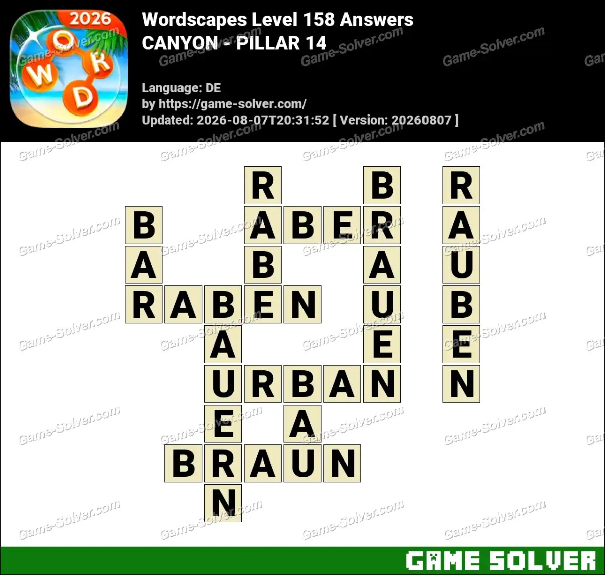Wordscapes Deutsche Level 158 Answers — CANYON - PILLAR 14 Wordscapes Deutsche Level 158 Answers — CANYON - PILLAR 14