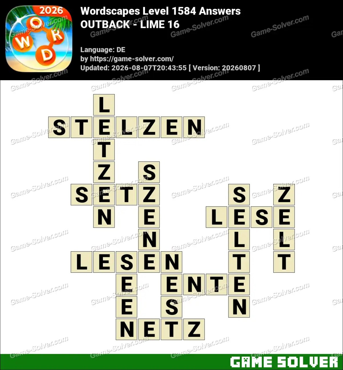 Wordscapes Deutsche Level 1584 Answers — OUTBACK - LIME 16