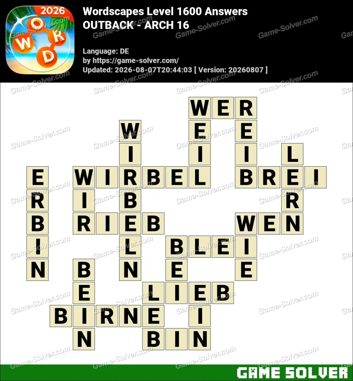 Wordscapes Deutsche Level 1600 Answers — OUTBACK - ARCH 16