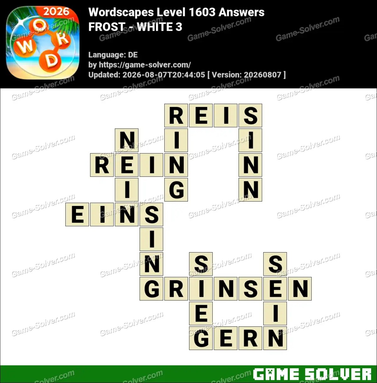 Wordscapes Deutsche Level 1603 Answers — FROST - WHITE 3