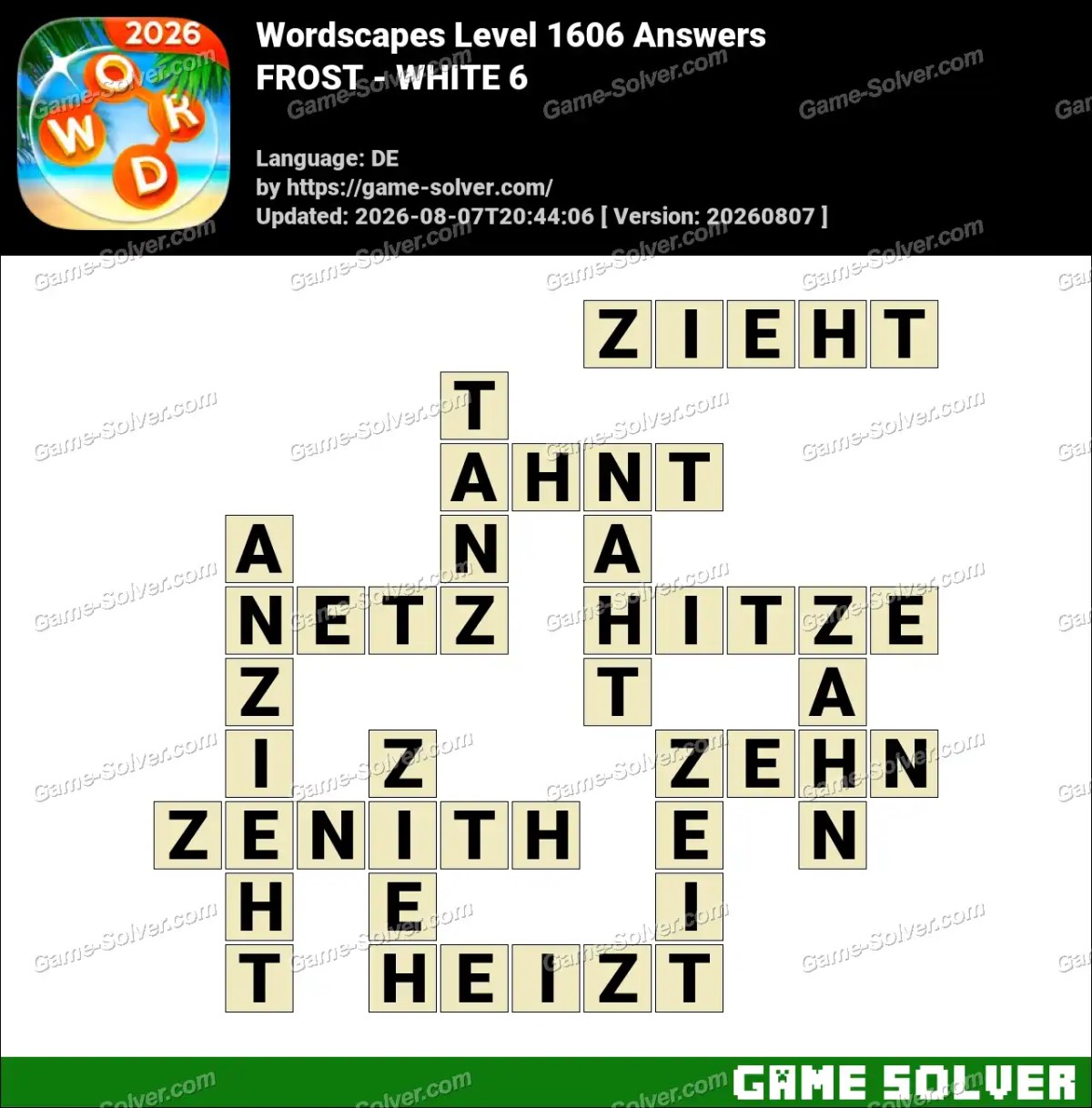 Wordscapes Deutsche Level 1606 Answers — FROST - WHITE 6