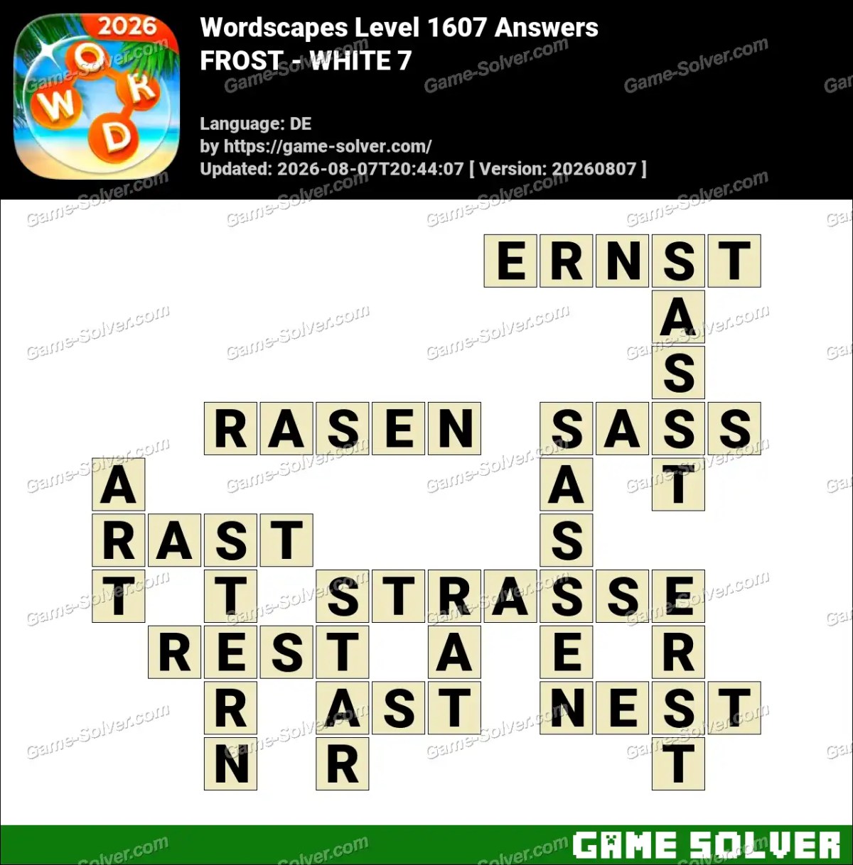 Wordscapes Deutsche Level 1607 Answers — FROST - WHITE 7