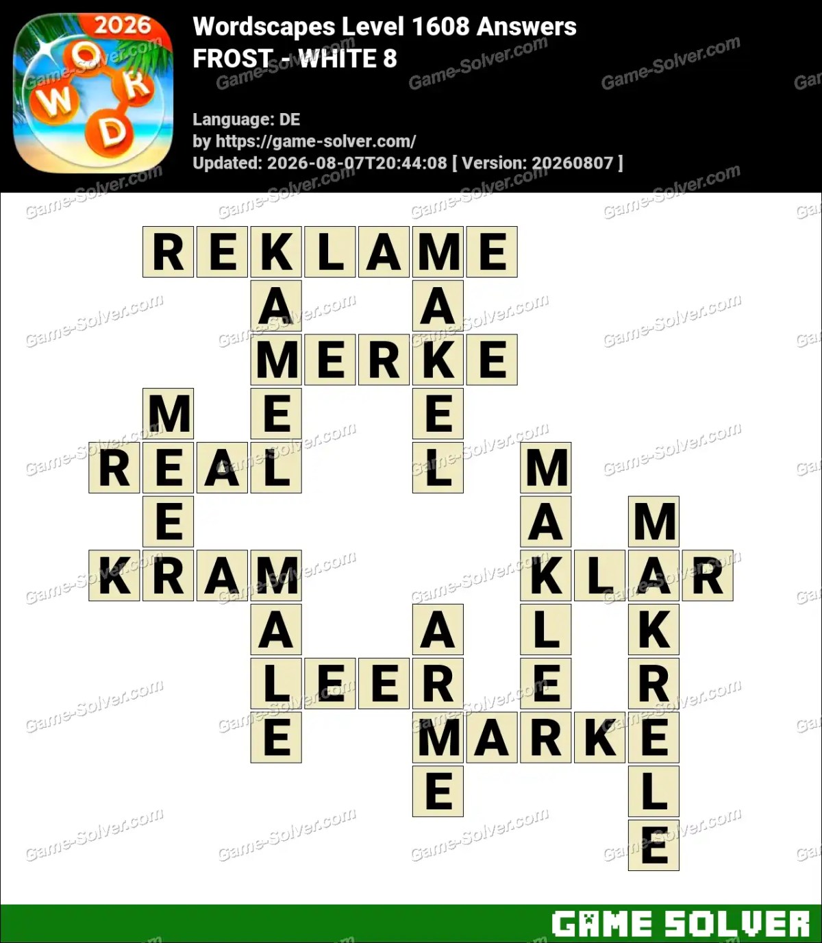 Wordscapes Deutsche Level 1608 Answers — FROST - WHITE 8