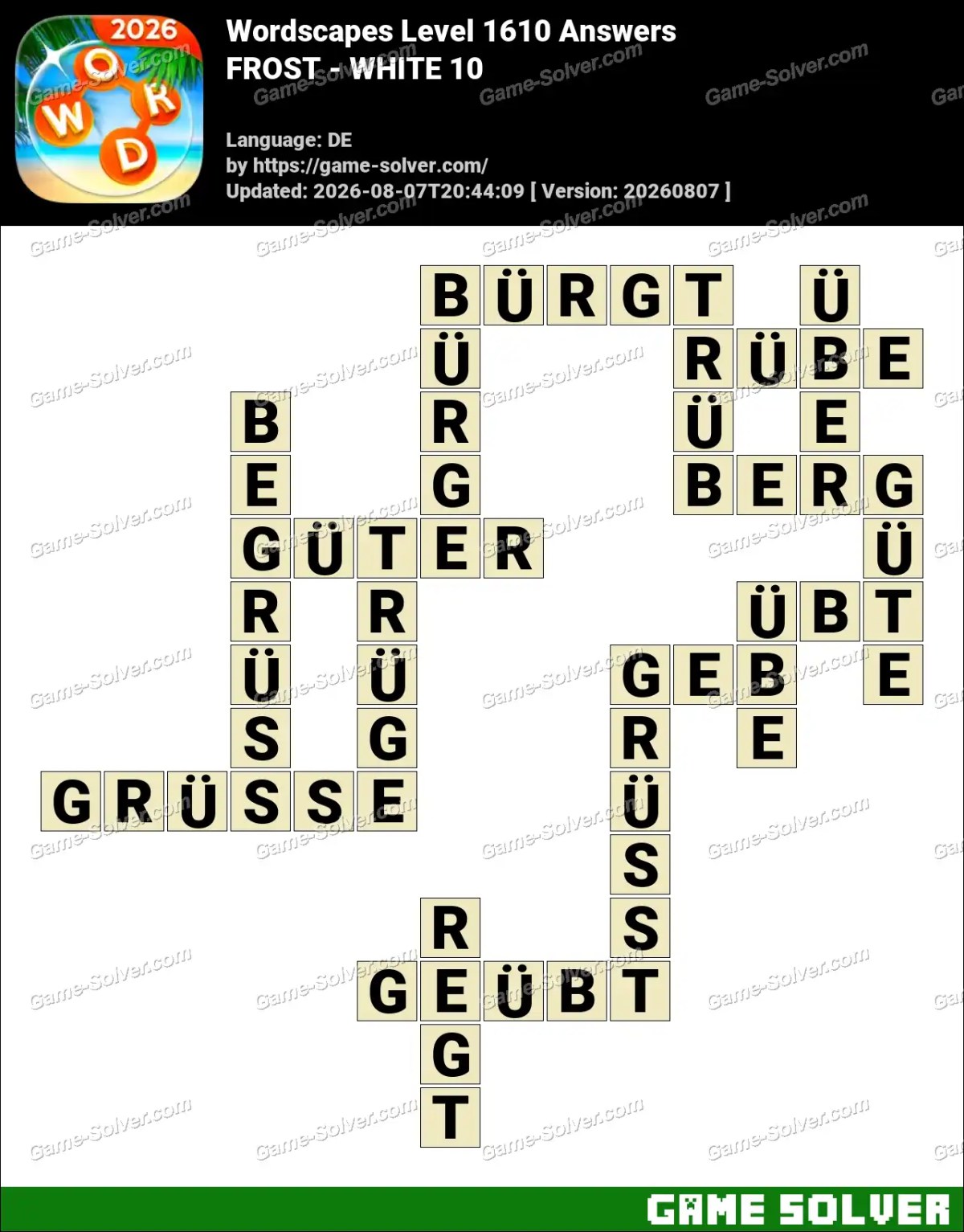 Wordscapes Deutsche Level 1610 Answers — FROST - WHITE 10