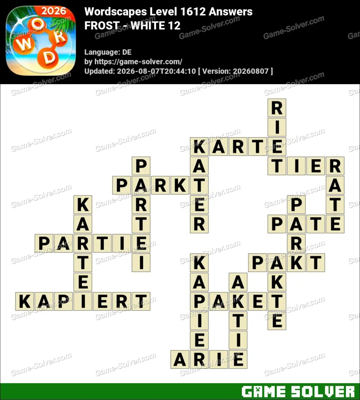Wordscapes Deutsche Level 1612 Answers — FROST - WHITE 12