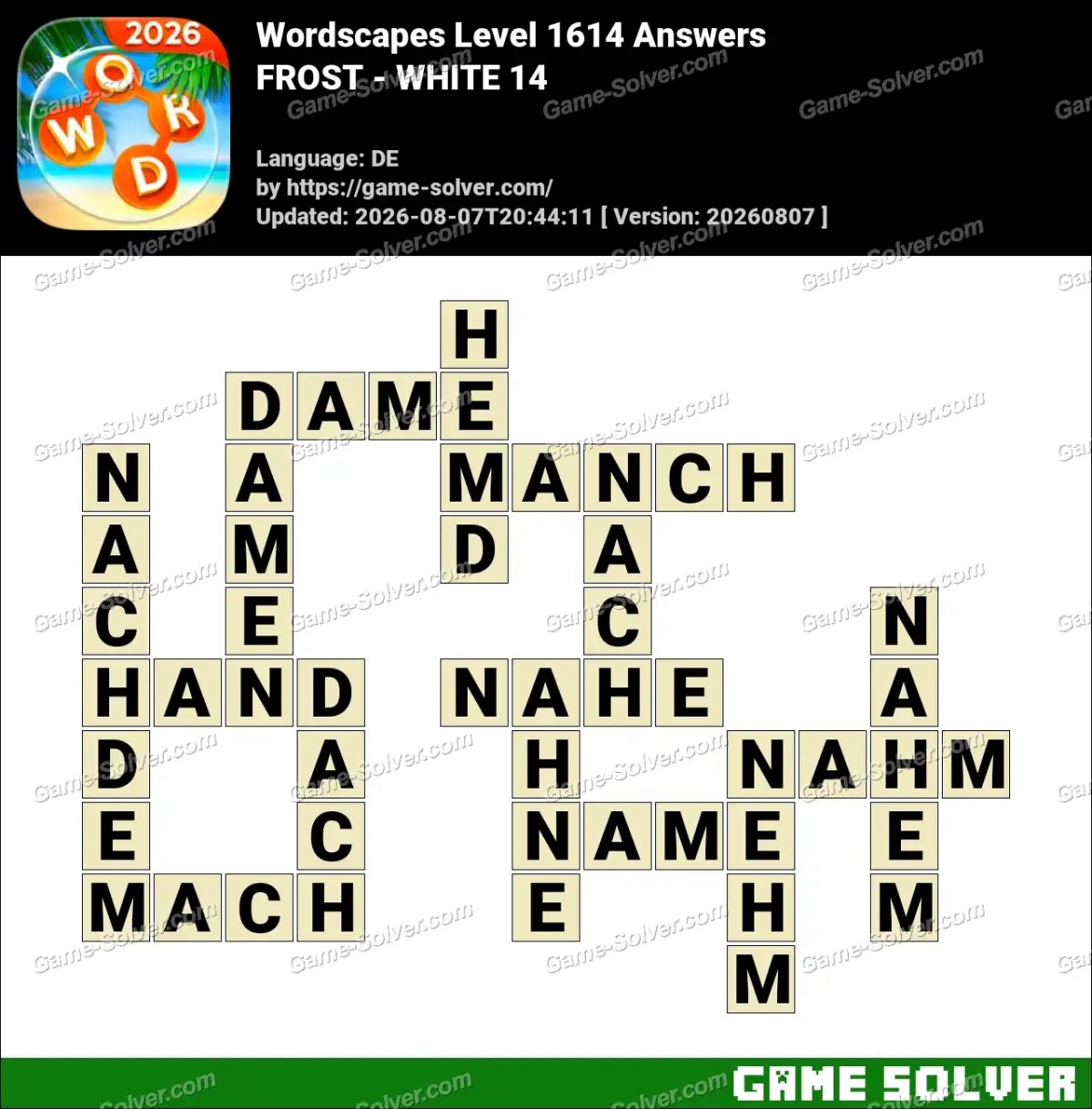 Wordscapes Deutsche Level 1614 Answers — FROST - WHITE 14