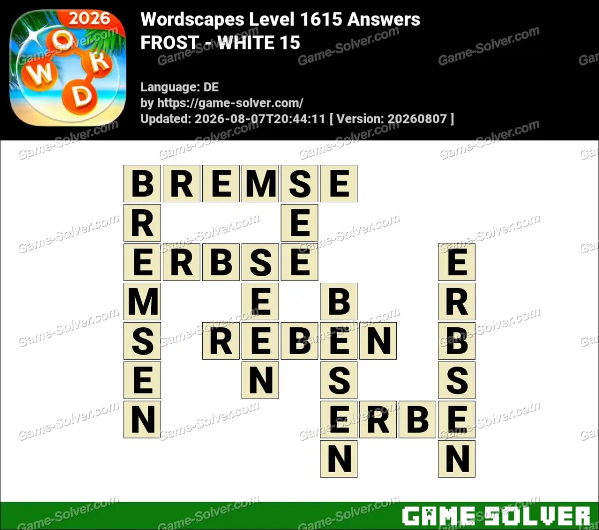 Wordscapes Deutsche Level 1615 Answers — FROST - WHITE 15