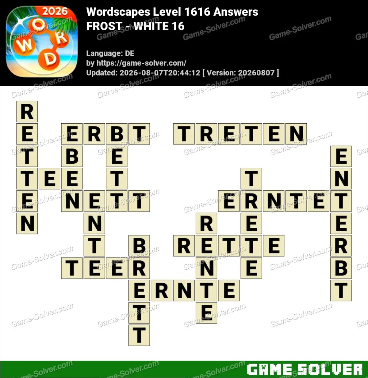 Wordscapes Deutsche Level 1616 Answers — FROST - WHITE 16