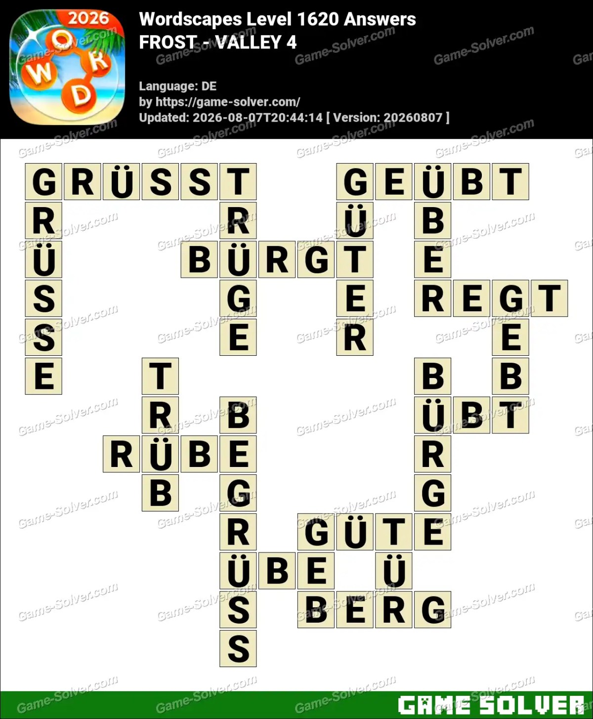 Wordscapes Deutsche Level 1620 Answers — FROST - VALLEY 4