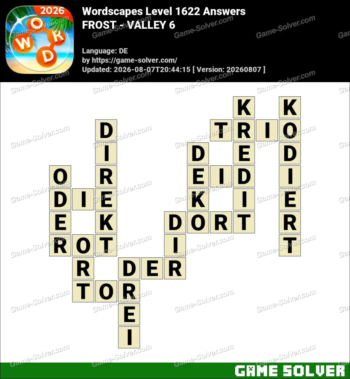 Wordscapes Deutsche Level 1622 Answers — FROST - VALLEY 6