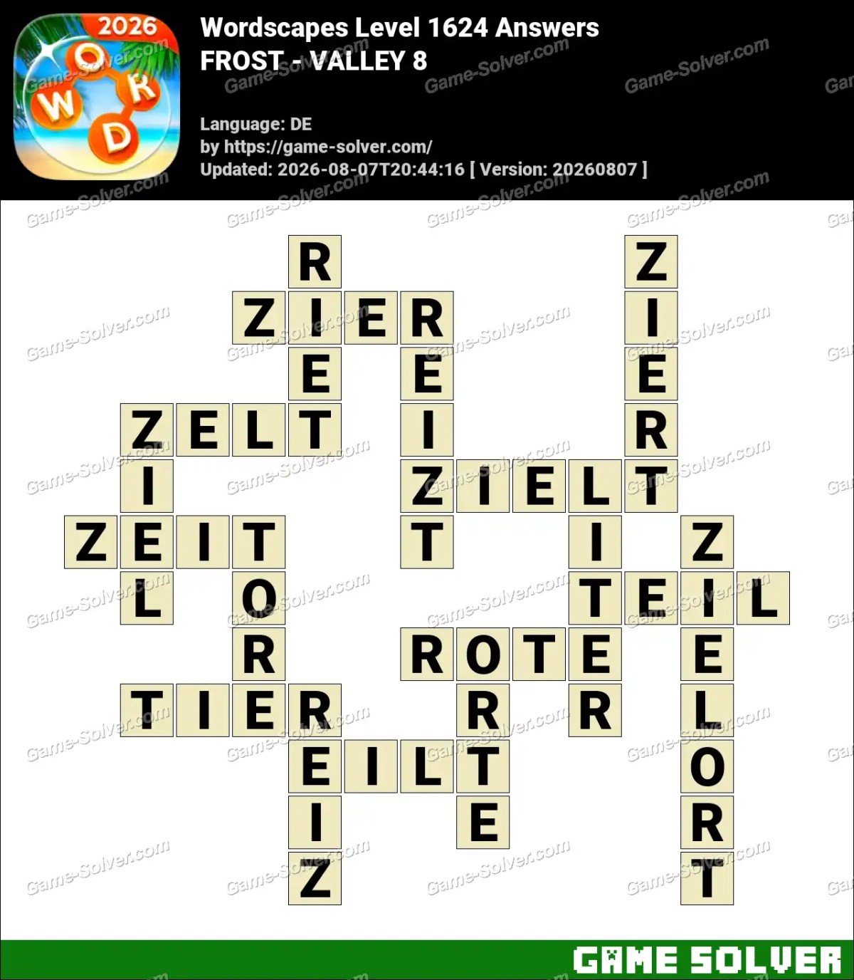 Wordscapes Deutsche Level 1624 Answers — FROST - VALLEY 8