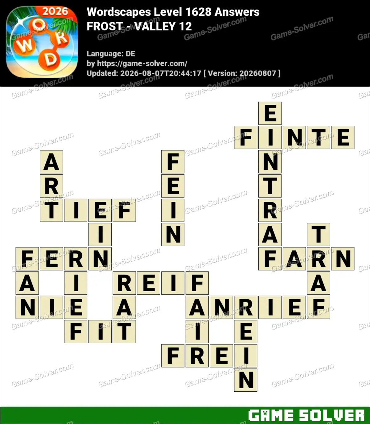 Wordscapes Deutsche Level 1628 Answers — FROST - VALLEY 12