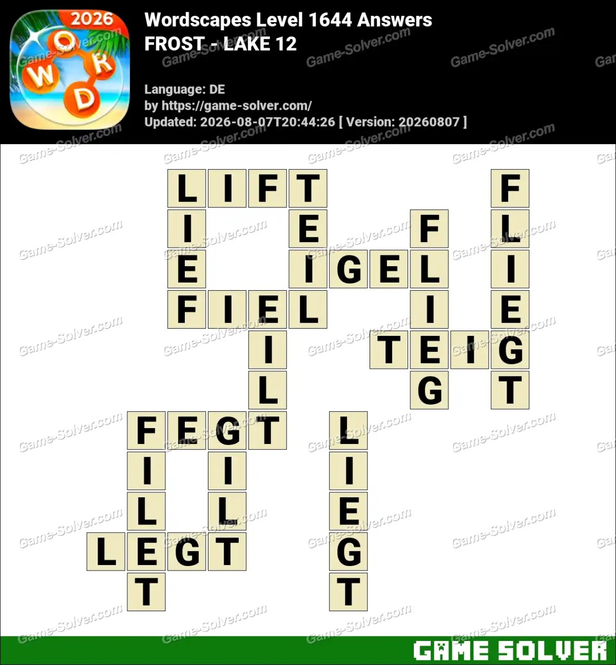 Wordscapes Deutsche Level 1644 Answers — FROST - LAKE 12