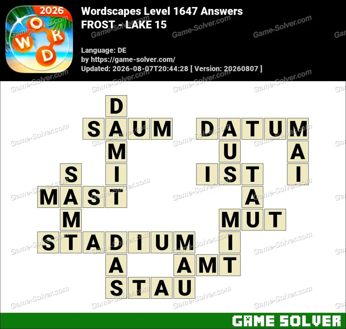 Wordscapes Deutsche Level 1647 Answers — FROST - LAKE 15