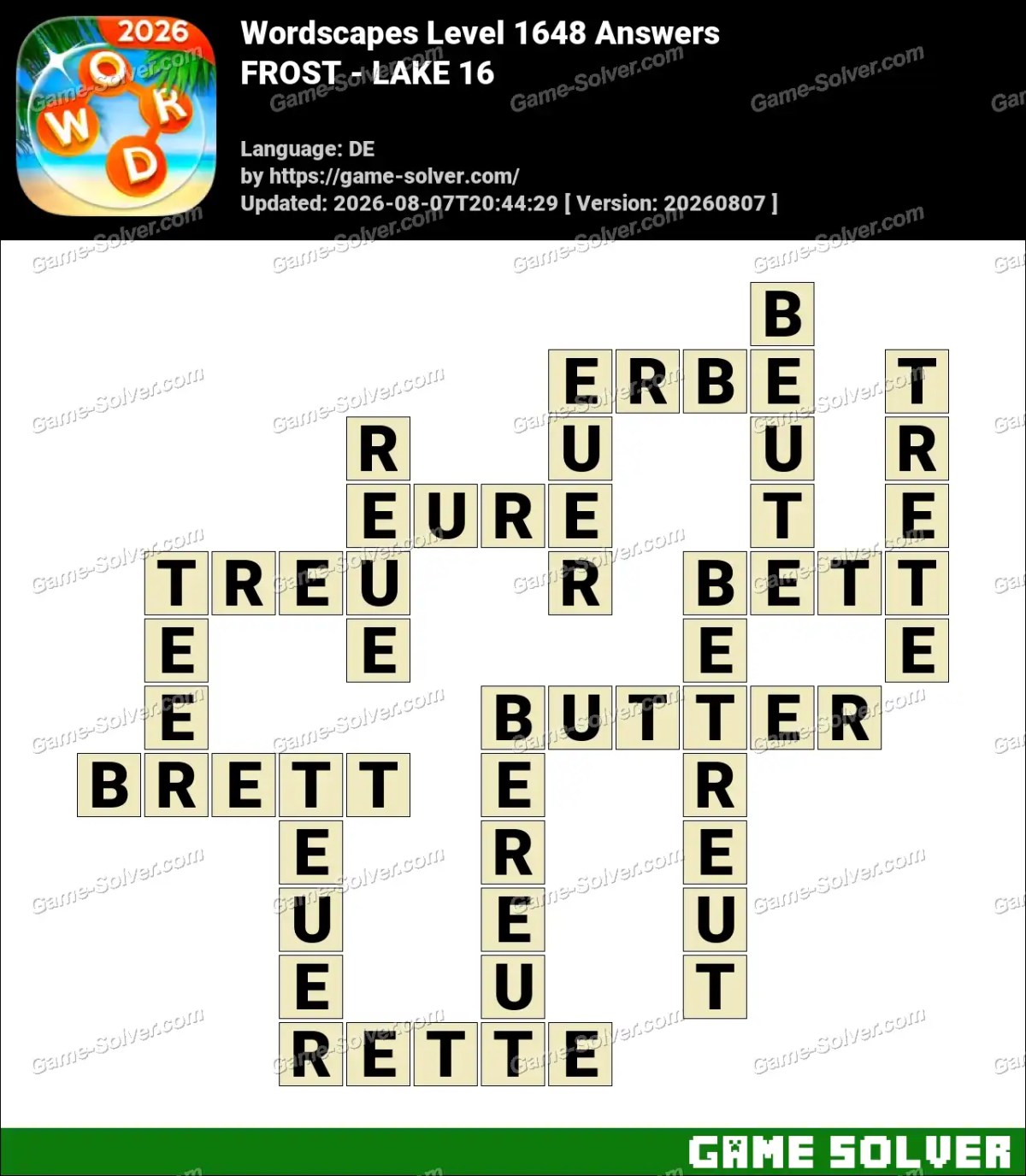 Wordscapes Deutsche Level 1648 Answers — FROST - LAKE 16