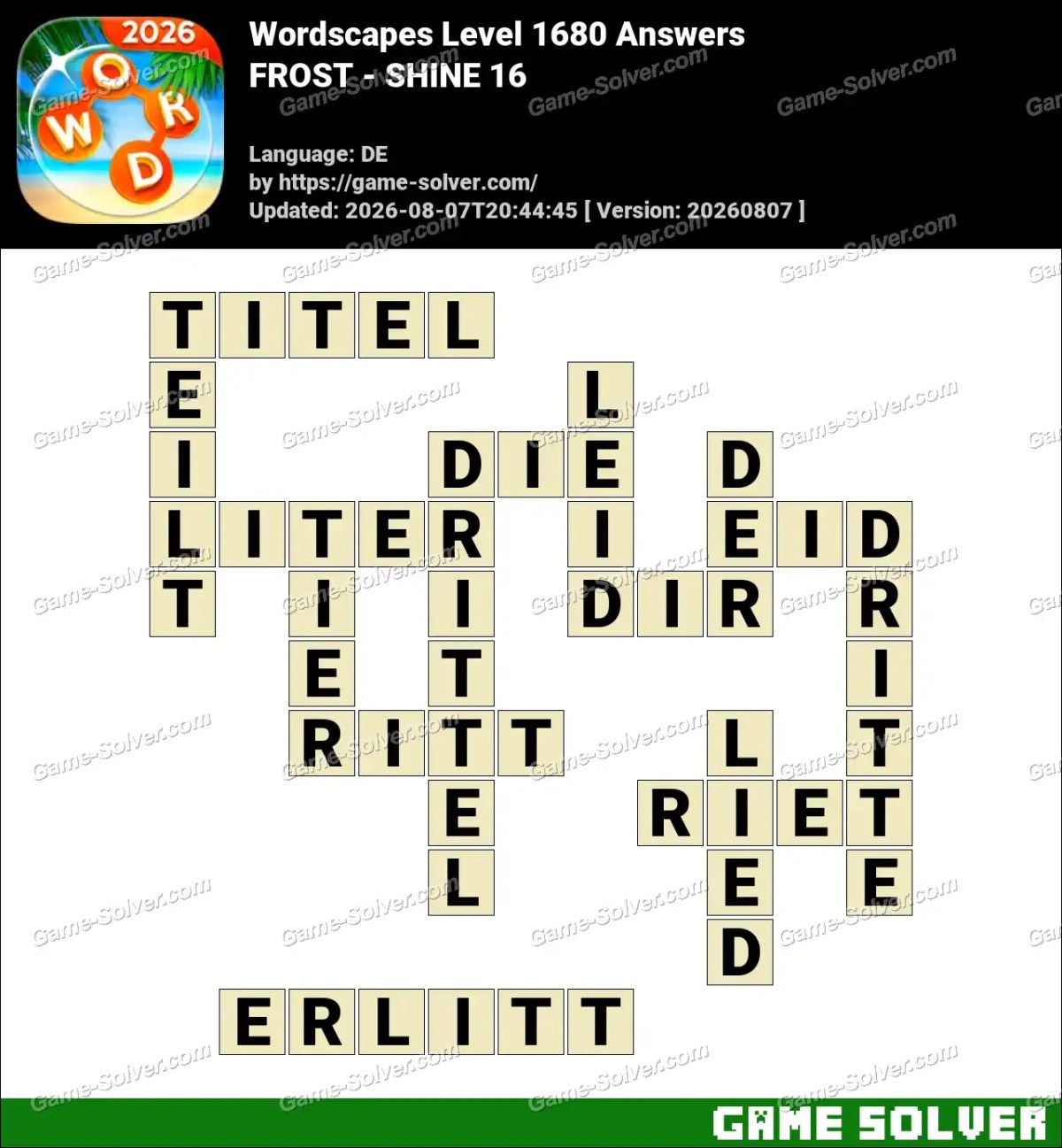 Wordscapes Deutsche Level 1680 Answers — FROST - SHINE 16