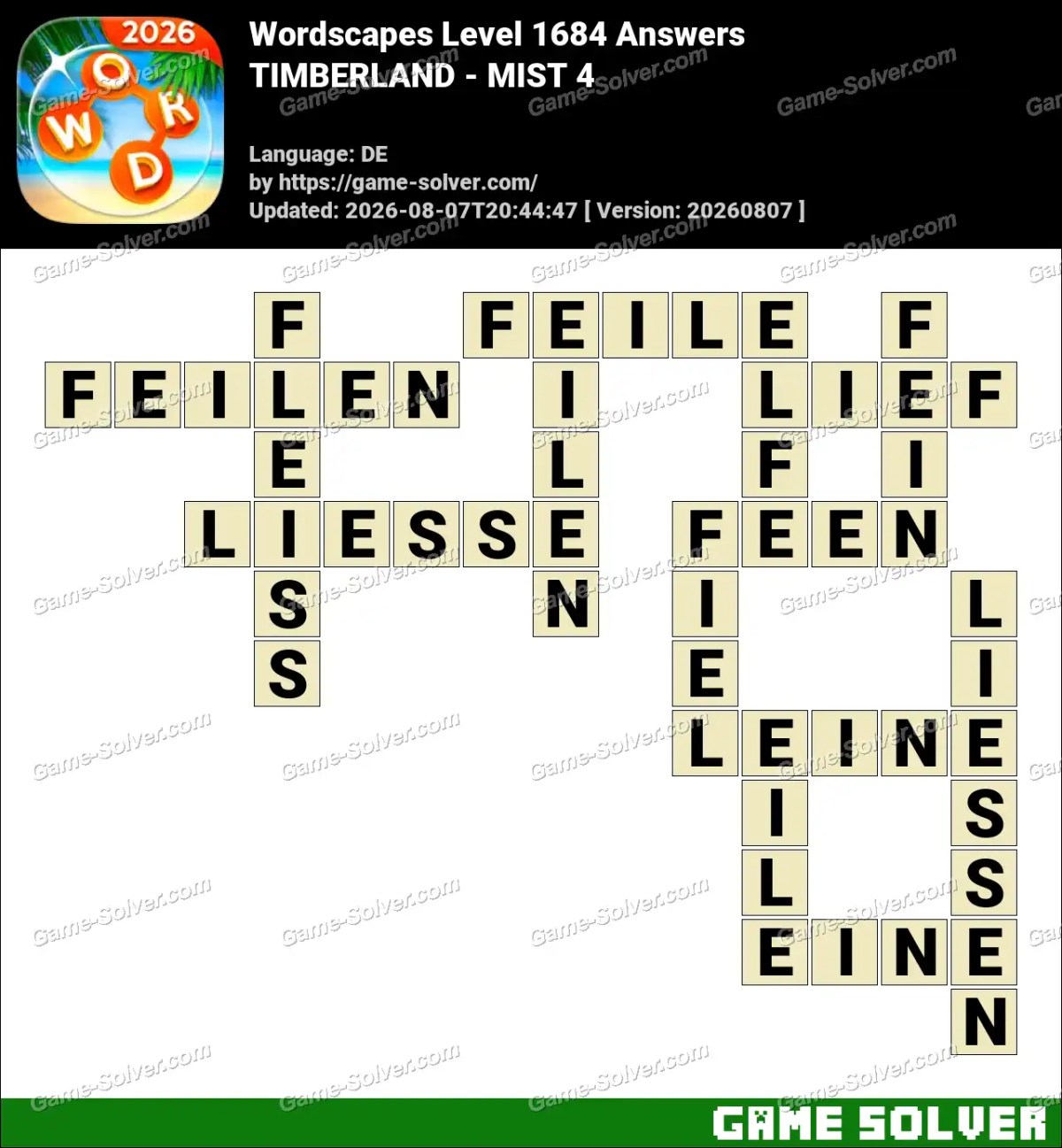 Wordscapes Deutsche Level 1684 Answers — TIMBERLAND - MIST 4
