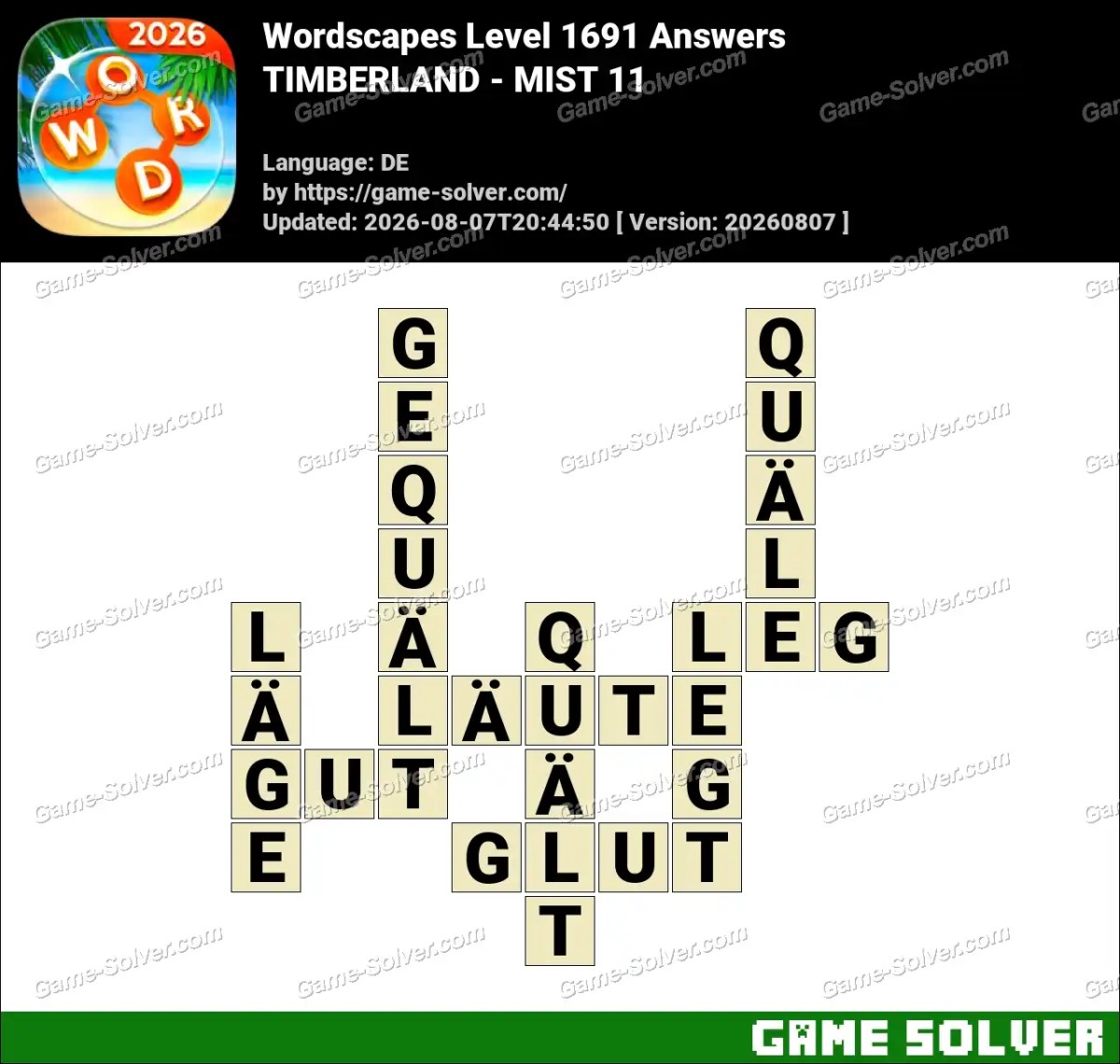 Wordscapes Deutsche Level 1691 Answers — TIMBERLAND - MIST 11