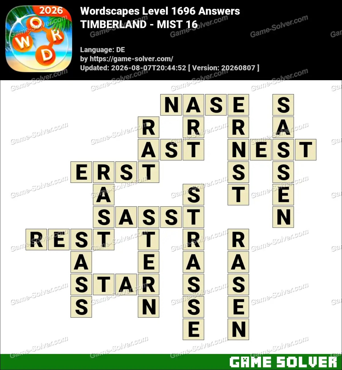 Wordscapes Deutsche Level 1696 Answers — TIMBERLAND - MIST 16