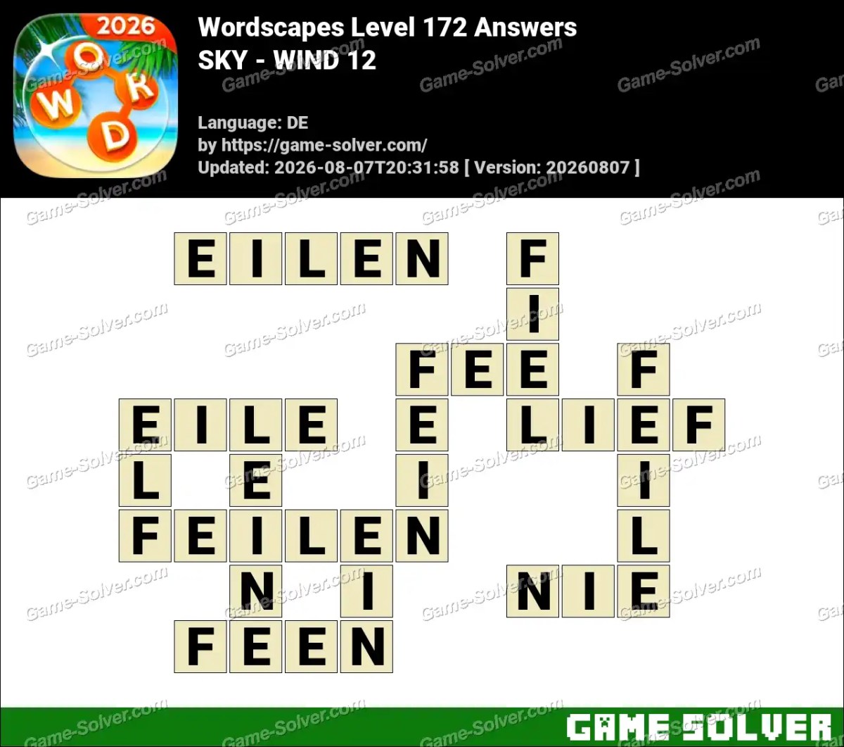 Wordscapes Deutsche Level 172 Answers — SKY - WIND 12 Wordscapes Deutsche Level 172 Answers — SKY - WIND 12