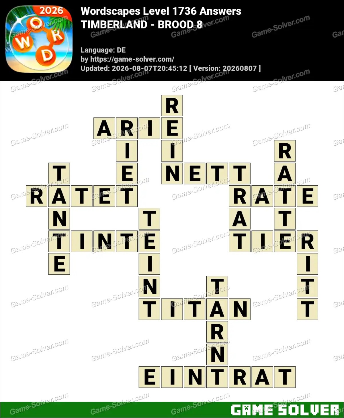 Wordscapes Deutsche Level 1736 Answers — TIMBERLAND - BROOD 8