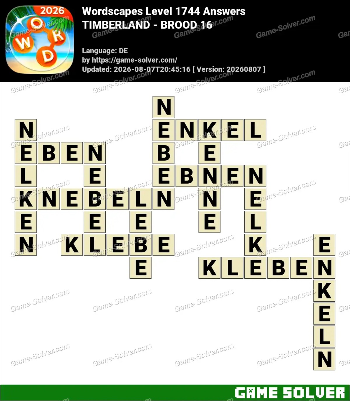 Wordscapes Deutsche Level 1744 Answers — TIMBERLAND - BROOD 16