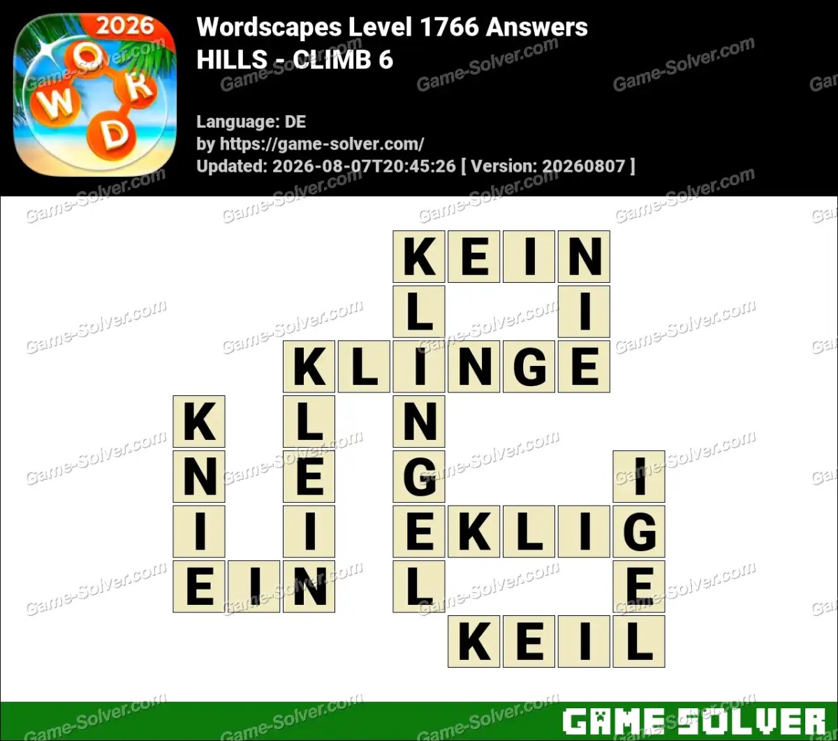 Wordscapes Deutsche Level 1766 Answers — HILLS - CLIMB 6