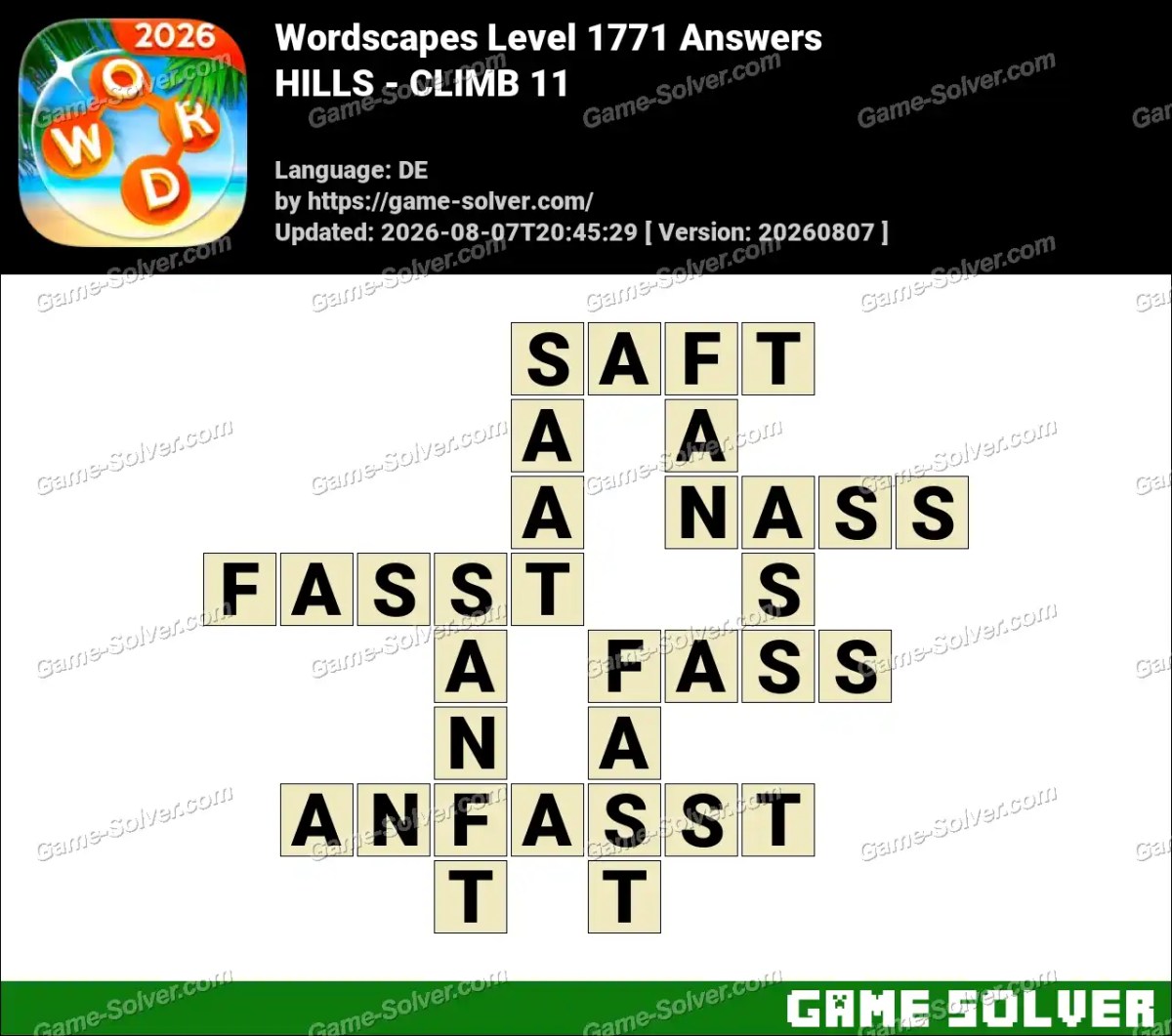 Wordscapes Deutsche Level 1771 Answers — HILLS - CLIMB 11