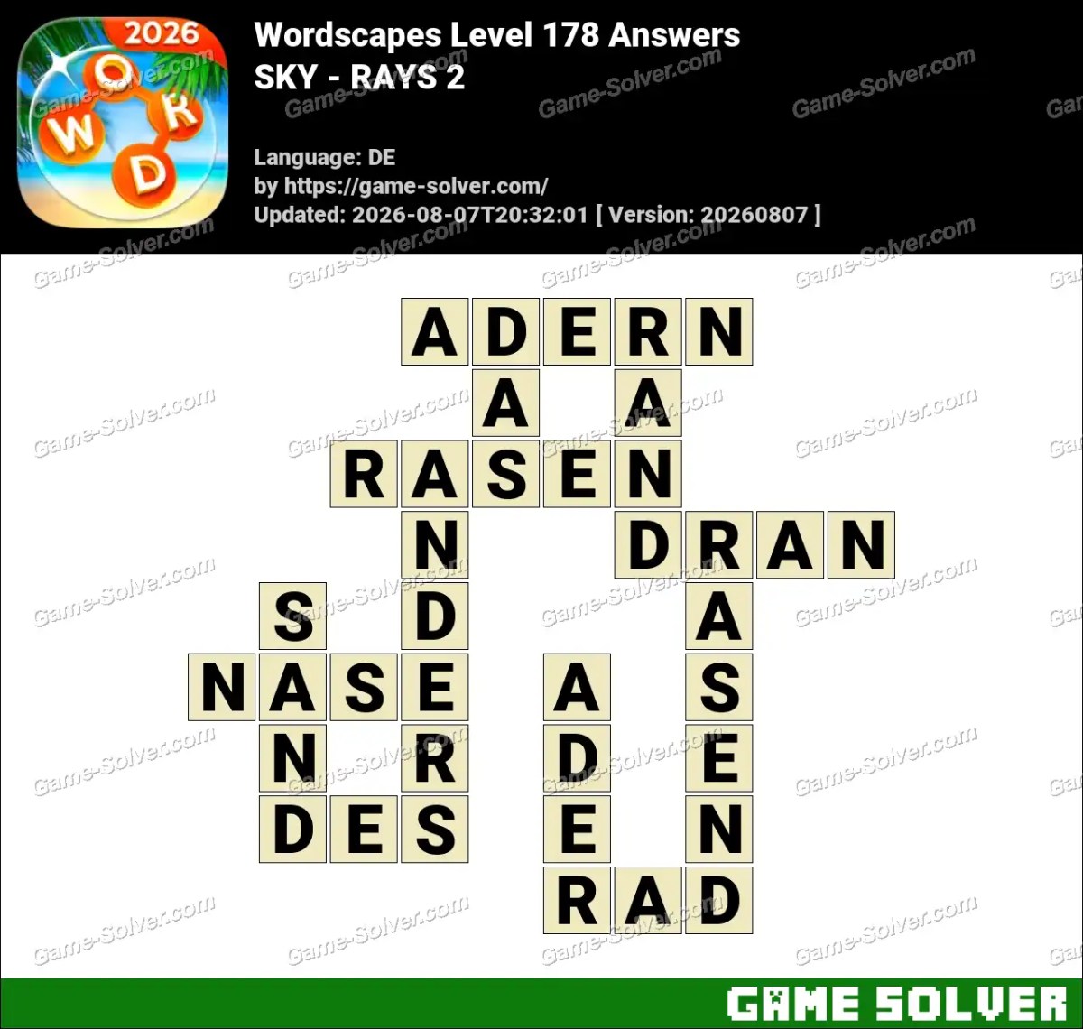 Wordscapes Deutsche Level 178 Answers — SKY - RAYS 2 Wordscapes Deutsche Level 178 Answers — SKY - RAYS 2