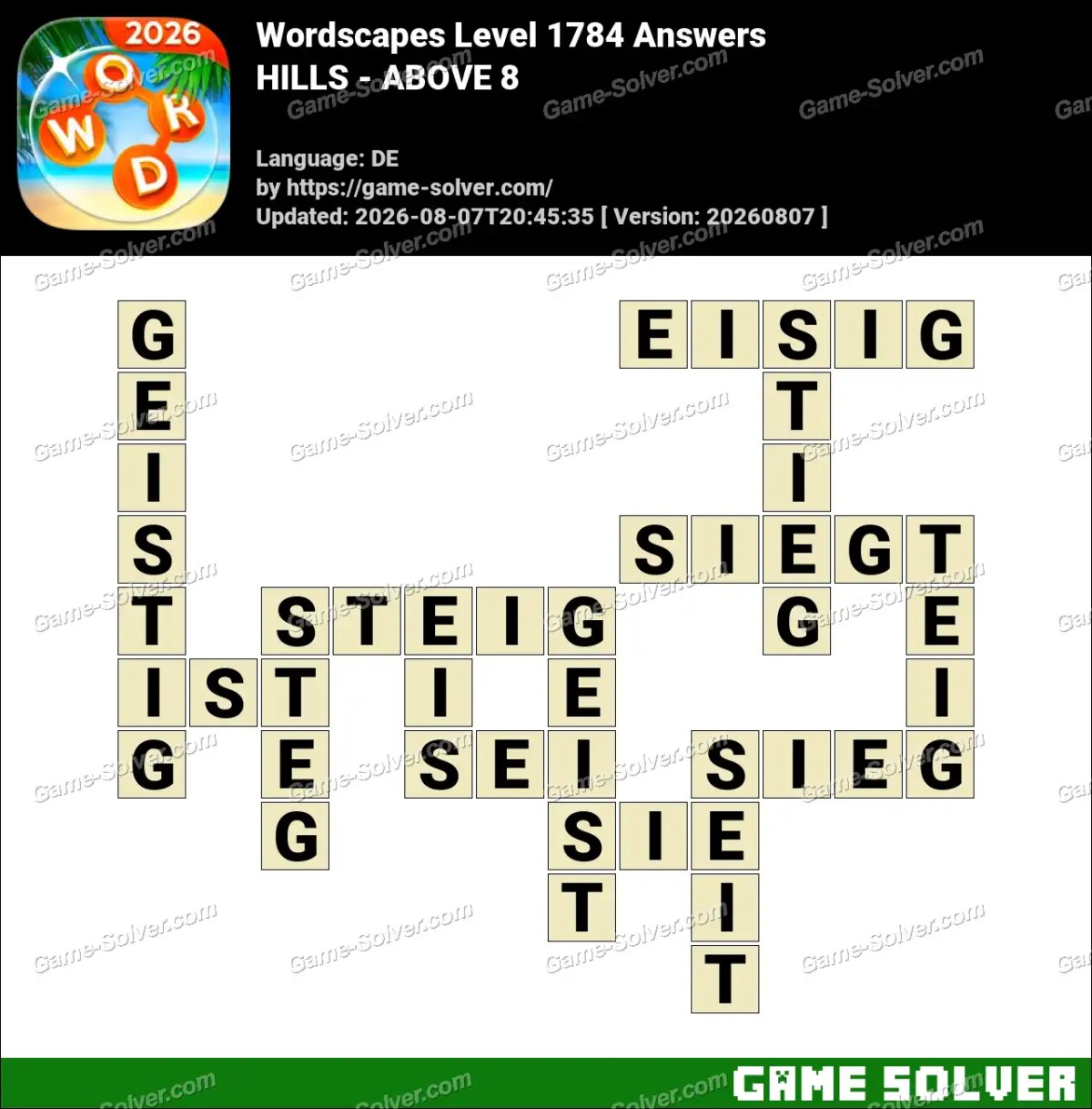 Wordscapes Deutsche Level 1784 Answers — HILLS - ABOVE 8
