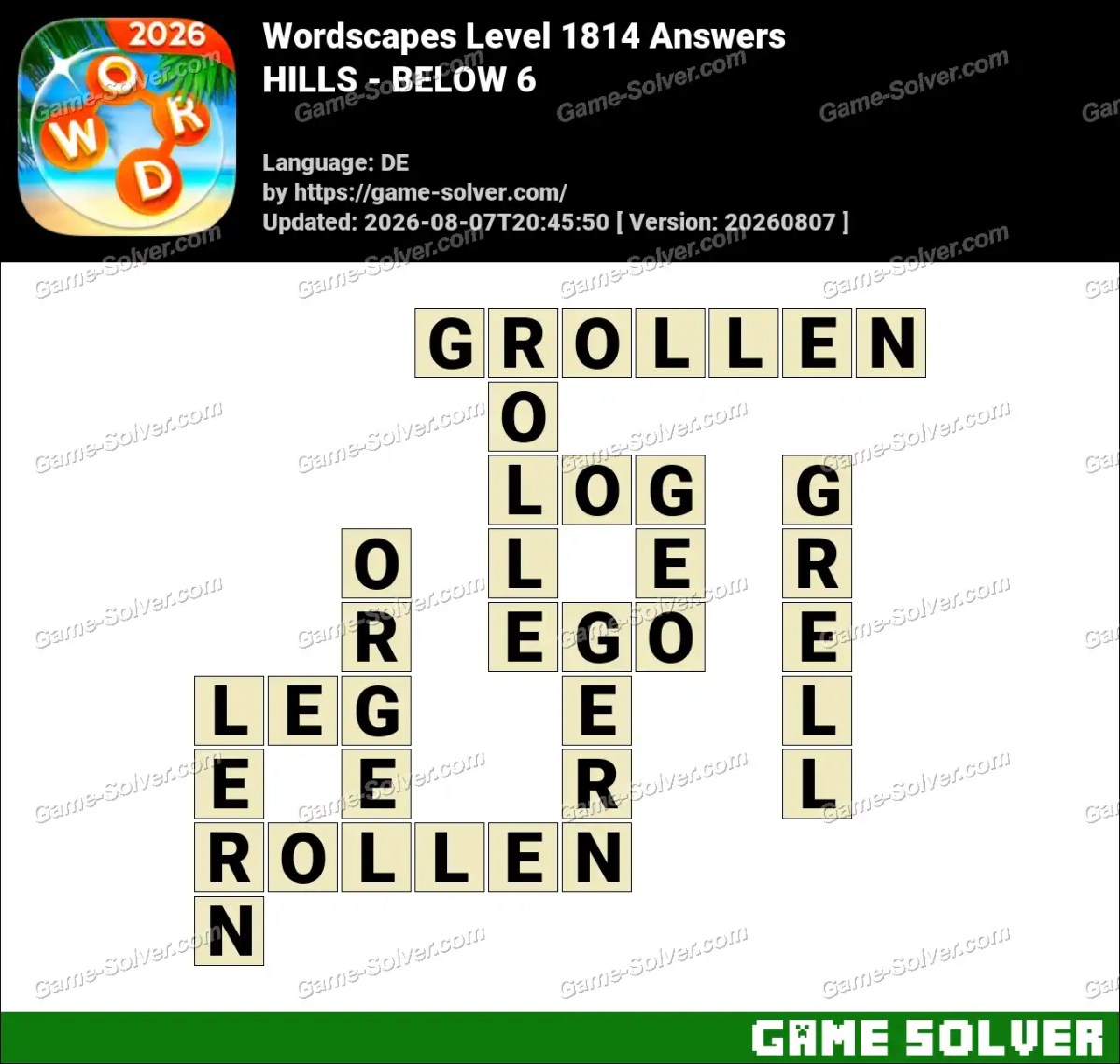 Wordscapes Deutsche Level 1814 Answers — HILLS - BELOW 6