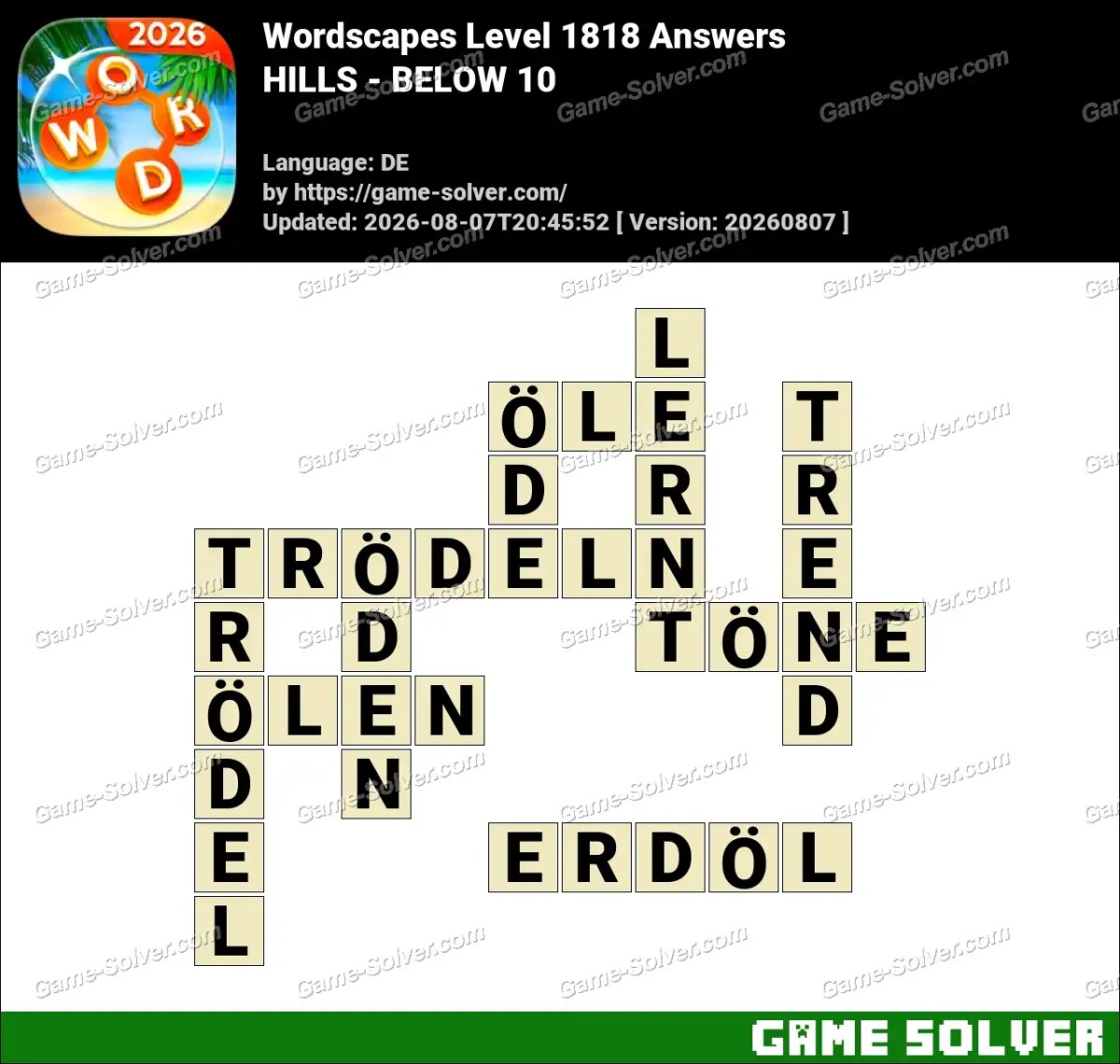 Wordscapes Deutsche Level 1818 Answers — HILLS - BELOW 10