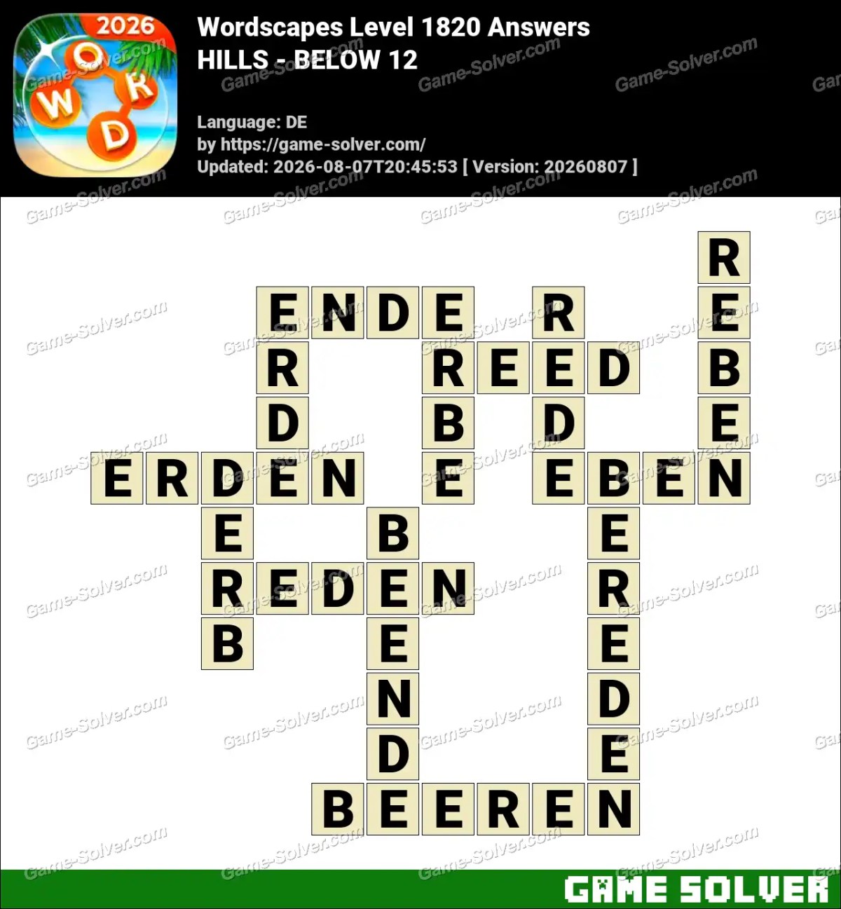 Wordscapes Deutsche Level 1820 Answers — HILLS - BELOW 12