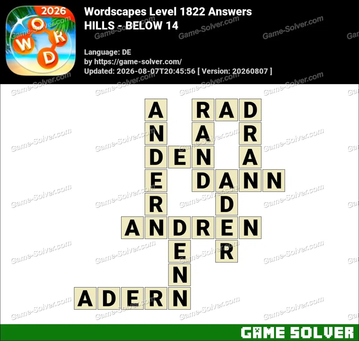 Wordscapes Deutsche Level 1822 Answers — HILLS - BELOW 14