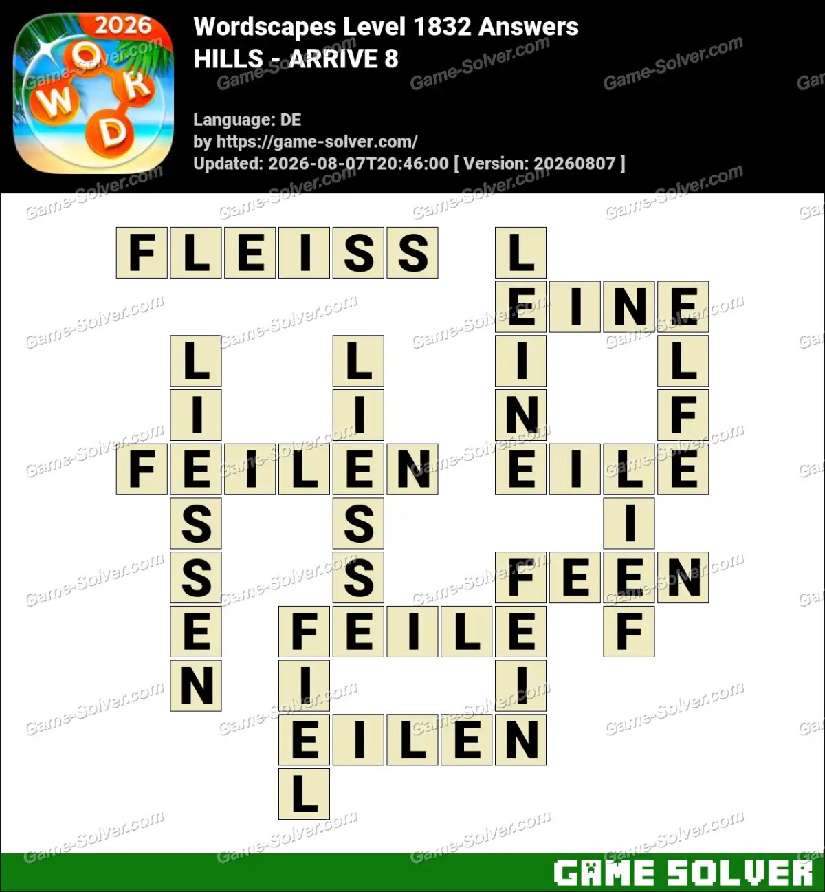 Wordscapes Deutsche Level 1832 Answers — HILLS - ARRIVE 8
