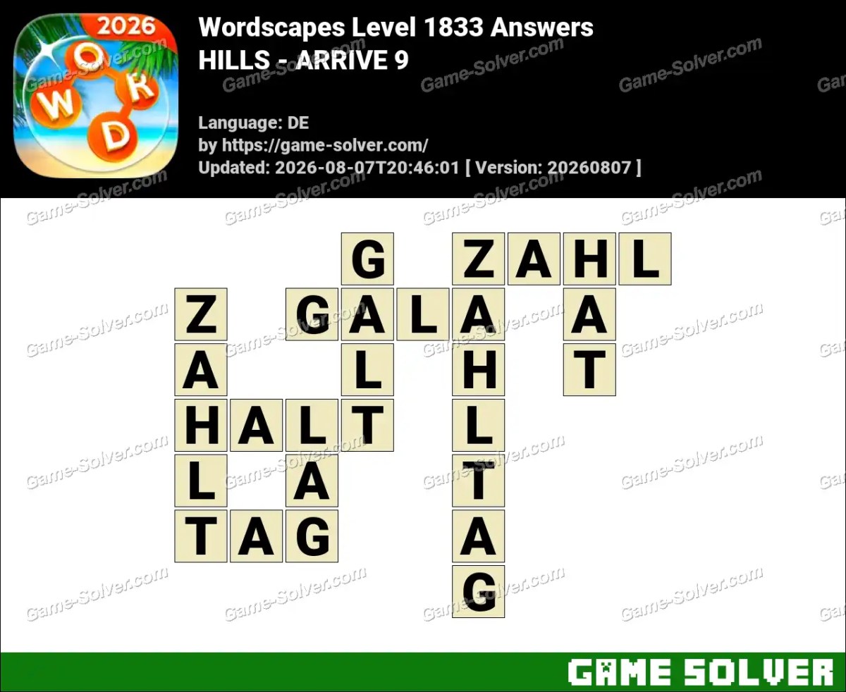 Wordscapes Deutsche Level 1833 Answers — HILLS - ARRIVE 9