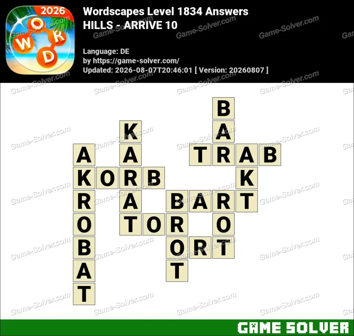 Wordscapes Deutsche Level 1834 Answers — HILLS - ARRIVE 10