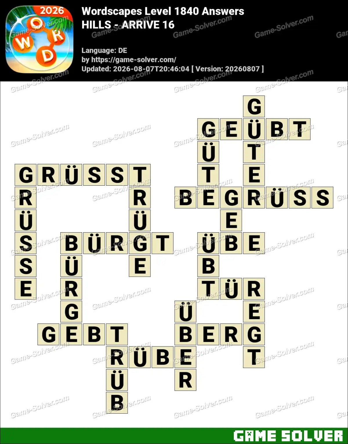 Wordscapes Deutsche Level 1840 Answers — HILLS - ARRIVE 16