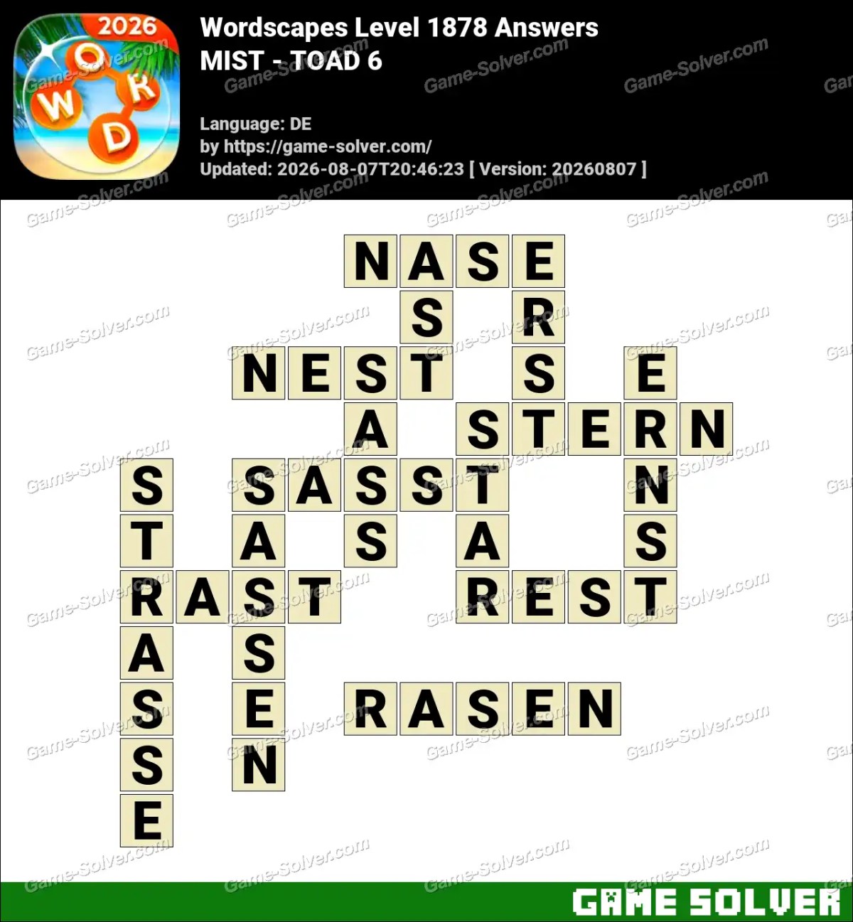 Wordscapes Deutsche Level 1878 Answers — MIST - TOAD 6