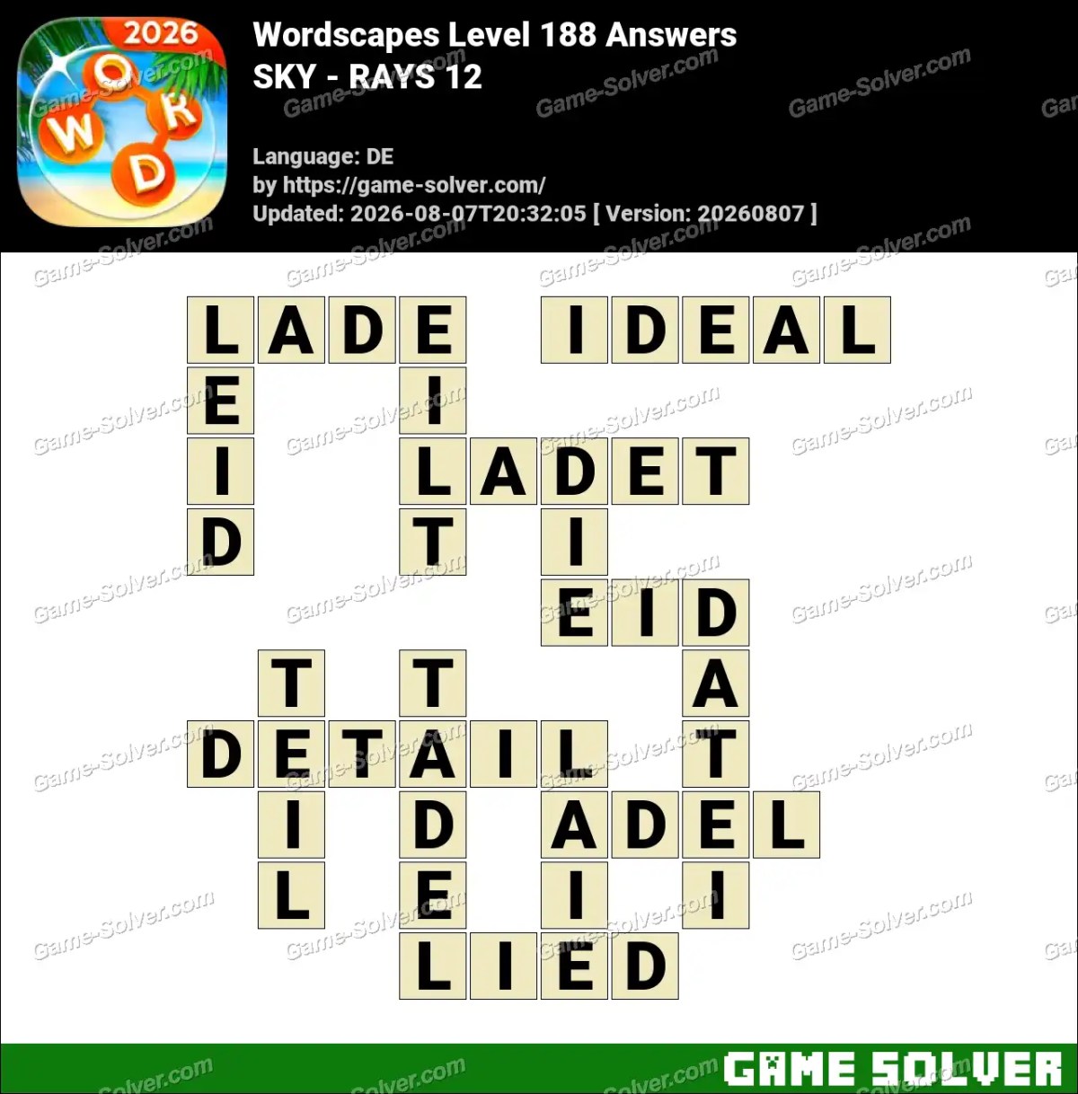 Wordscapes Deutsche Level 188 Answers — SKY - RAYS 12
